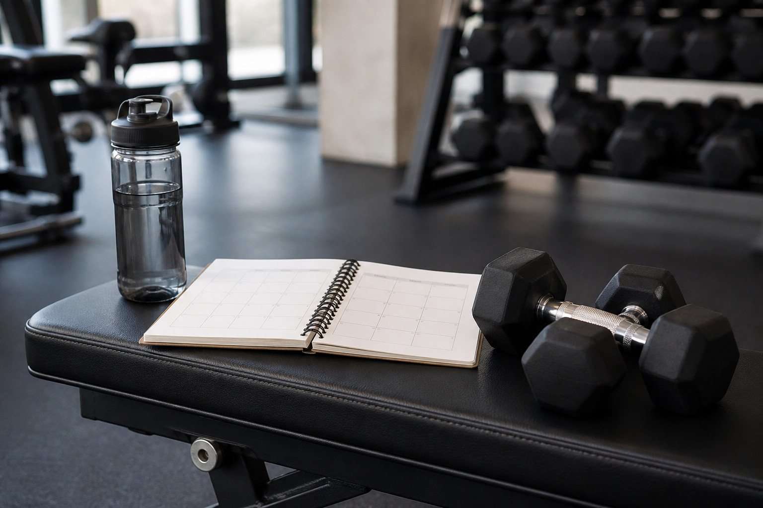 Banco de gimnasio con mancuernas, botella y cuaderno de entrenamiento